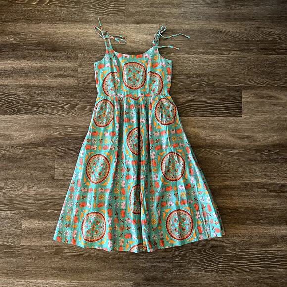 EUC Drake’s for J.Crew Elephant Tile Print Dress 2 Tie Shoulder Cotton Sundress - Picture 3 of 16